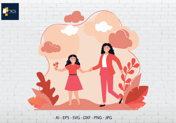 Flat Flowers Red Mother and Son Brought Graphics and Illustrations