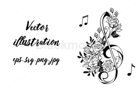 Musical Clef with Outline Roses Graphics and Illustrations
