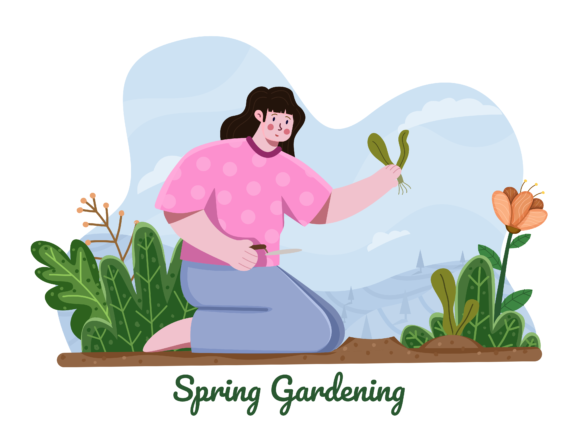 Planting Flowers in Garden at Spring Graphics and Illustrations Review