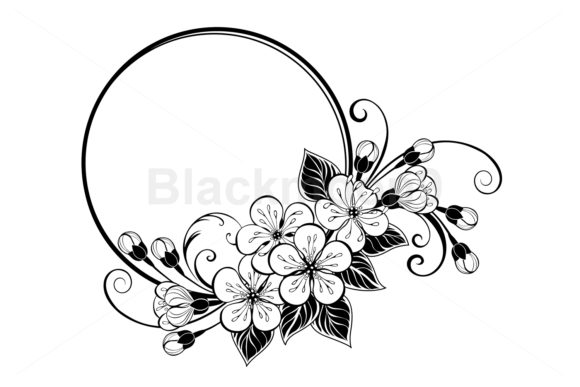 Round Frame with Contour Sakura Flowers Graphics and Illustrations Review